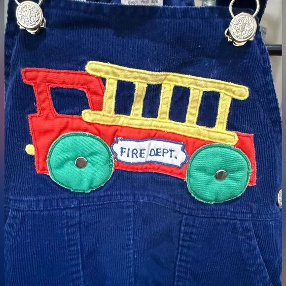Vintage corduroy toddler Blue Fire Truck patch jumper Overalls 100% cotton 24mos - Picture 7 of 9